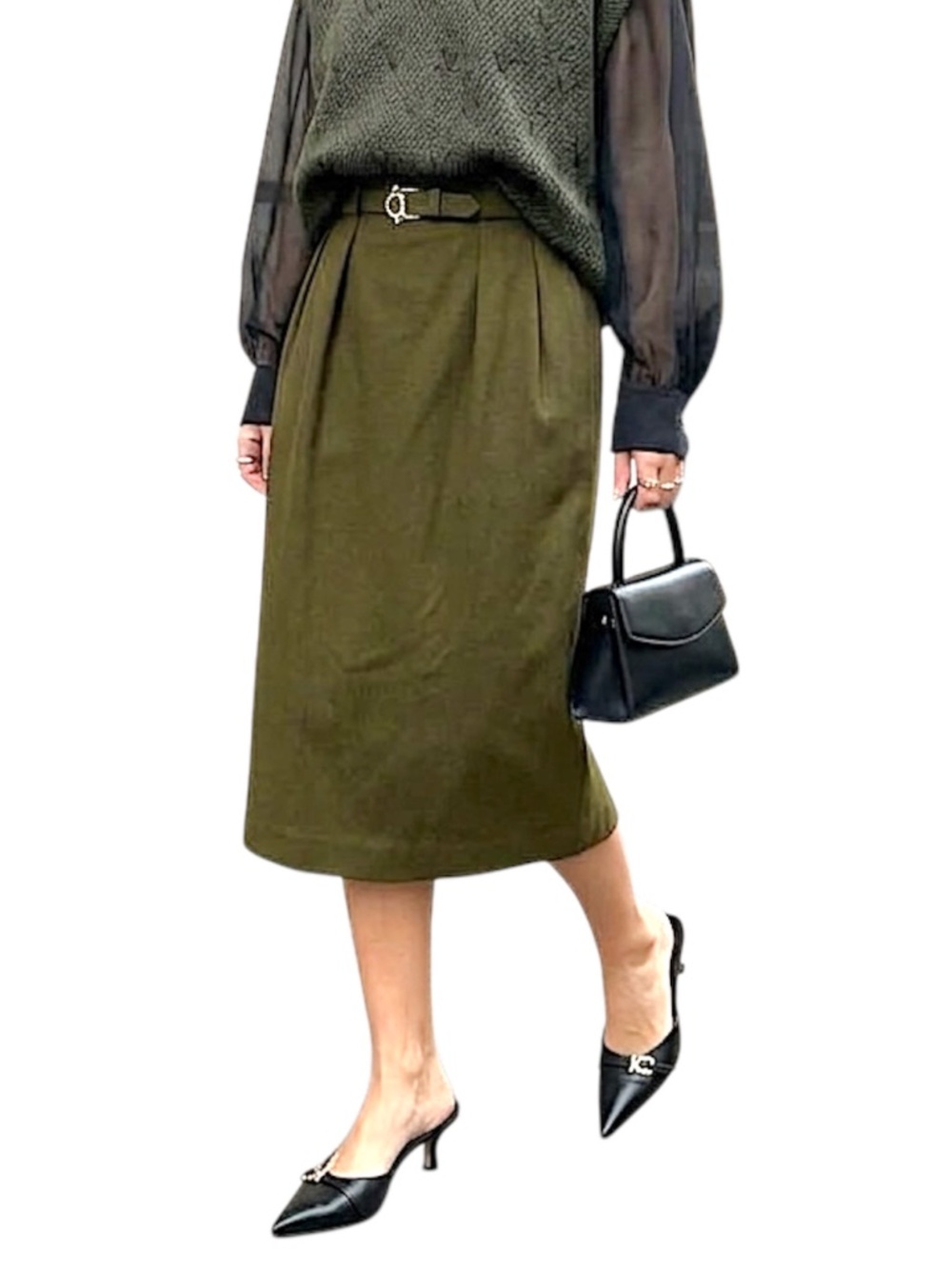 VTG 80s 90s pure wool green belted pleated straight old money midi skirt 10